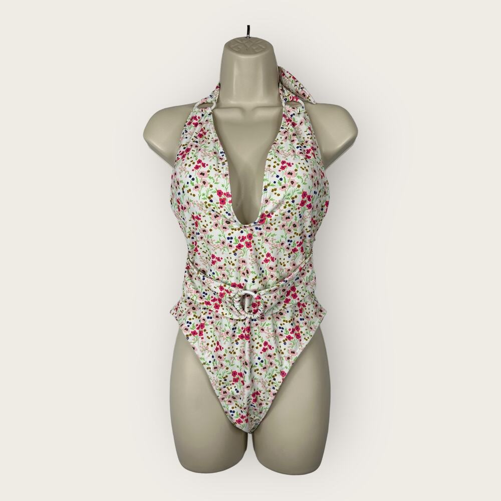 Lulus Womens size Medium Vacation Calling White Floral O-Ring One Piece Swimsuit - Picture 2 of 11